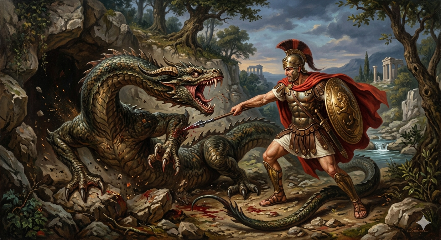 Cadmus slaying the dragon — a scene from Greek mythology